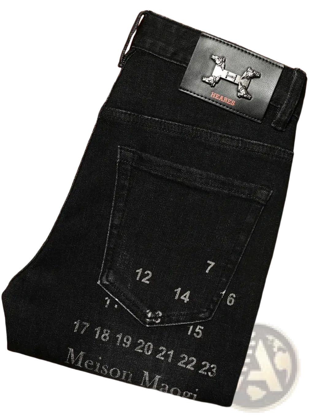 Mens slim fit printed black denim jeans with a leather patch embossed dog logo hears and white numerical front pocket markings