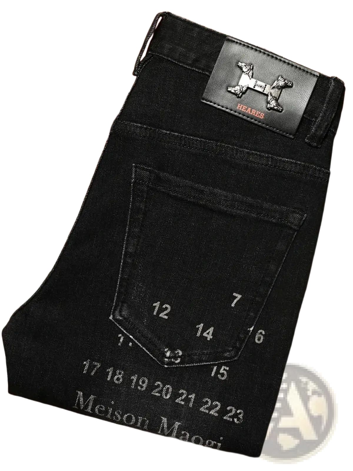 Mens slim fit printed black denim jeans with a leather patch embossed dog logo hears and white numerical front pocket markings