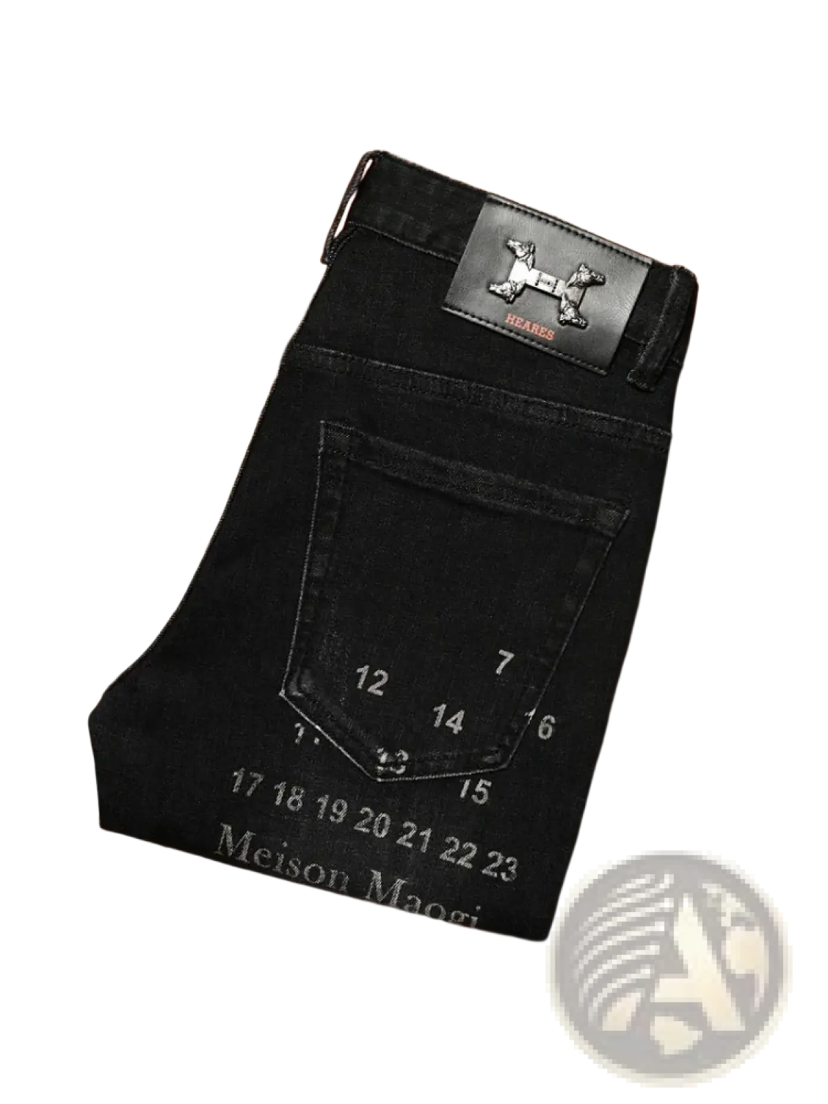 Mens slim fit printed black denim jeans with black leather patch embossed dog logo and meison maogi brand name on pocket