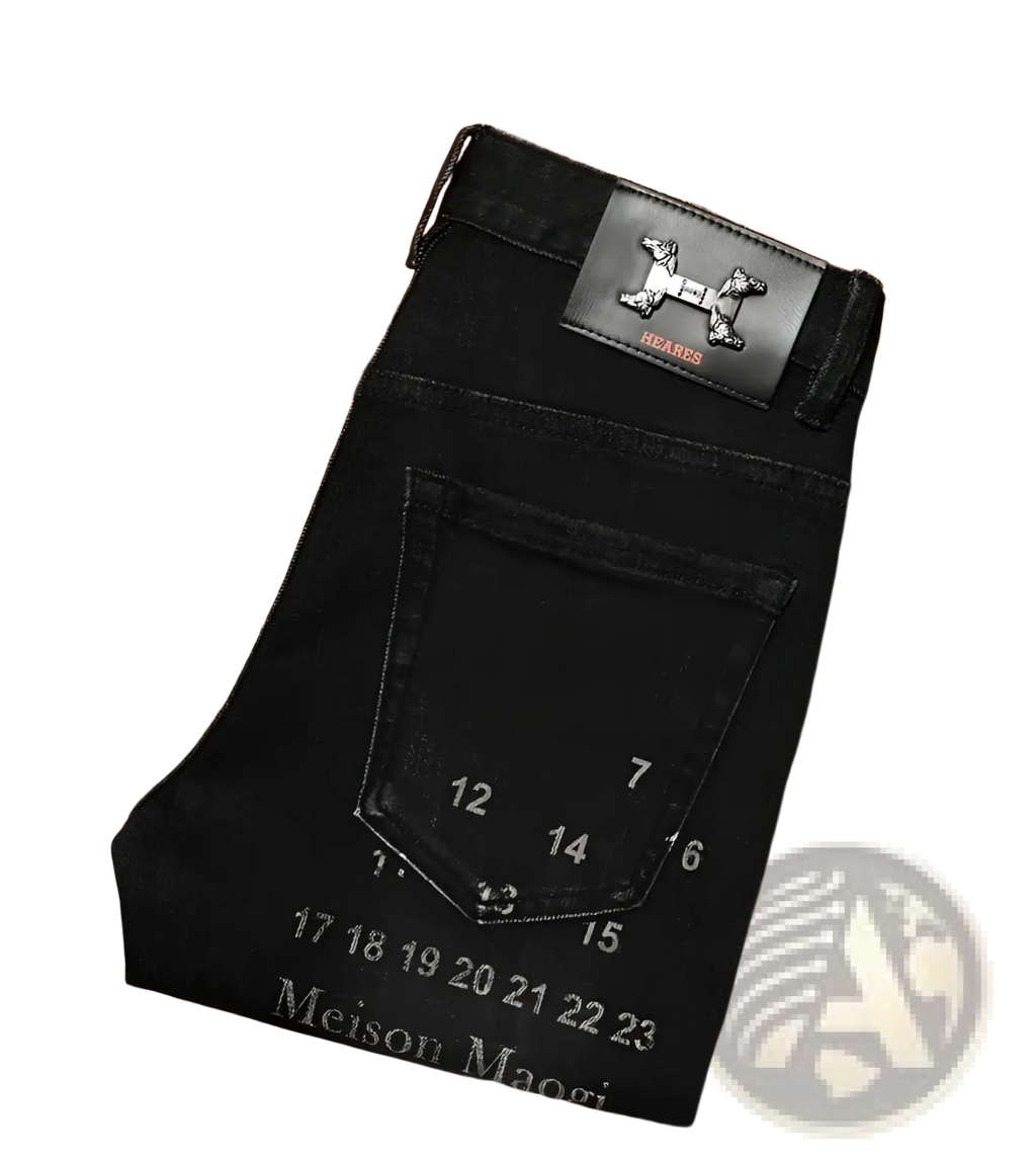 Mens slim fit printed black denim jeans in black with leather patch embossed with hermes h logo at the waistband