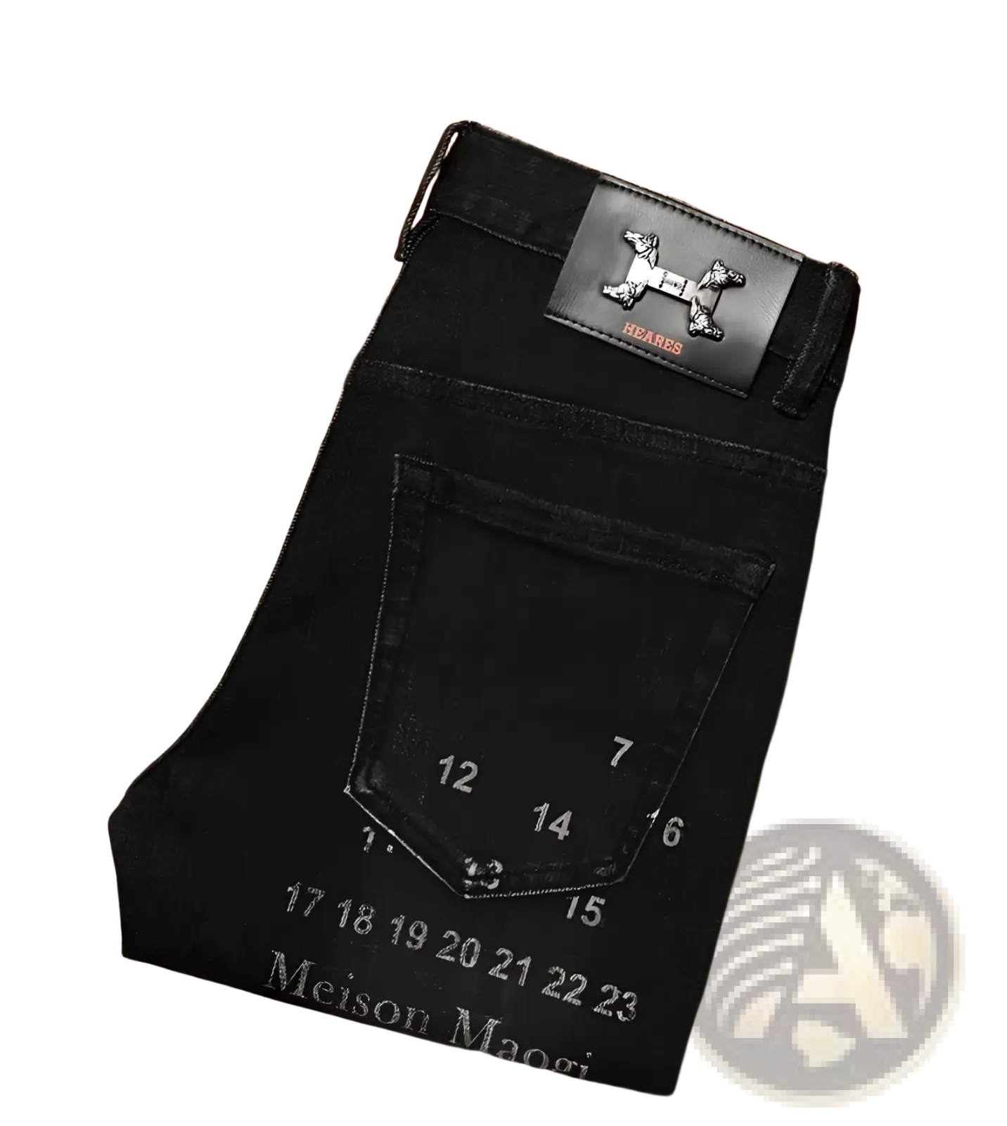 Mens slim fit printed black denim jeans in black with leather patch embossed with hermes h logo at the waistband