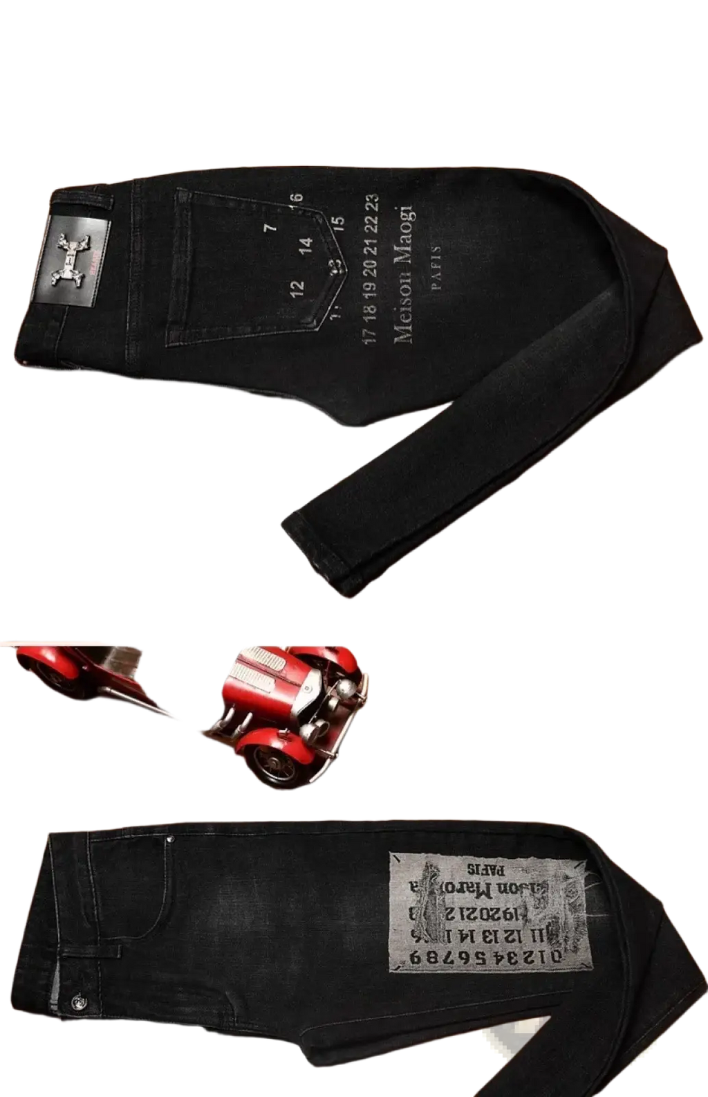 Mens slim fit black denim jeans with silver metal patch and maison margiela paris printed label on back pocket