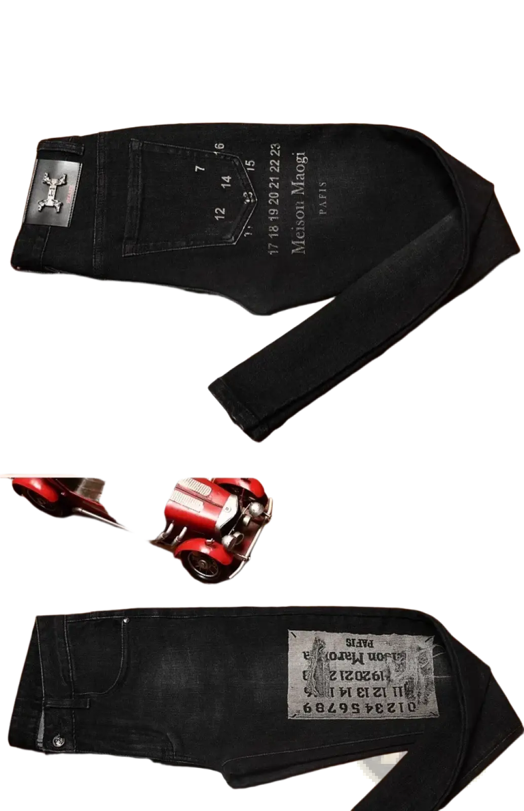 Mens slim fit black denim jeans with silver metal patch and maison margiela paris printed label on back pocket