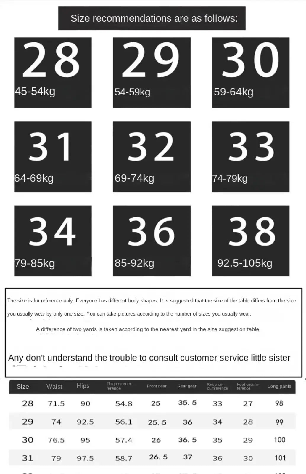 Size recommendation chart for mens slim fit printed black denim jeans showing pants measurements in inches and kilograms from size 28 to 38