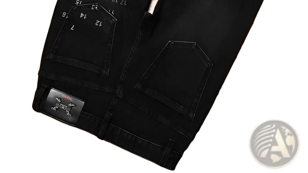 Mens slim fit printed black denim jeans back side with subtle faded texture white numerical markings and branded leather patch