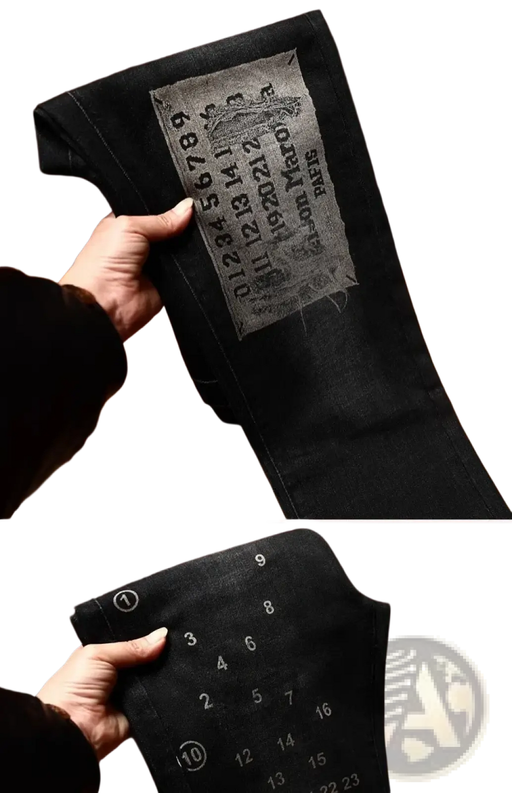 Mens slim fit printed black denim jeans with vintage style patch featuring faded distressed lettering and numbers