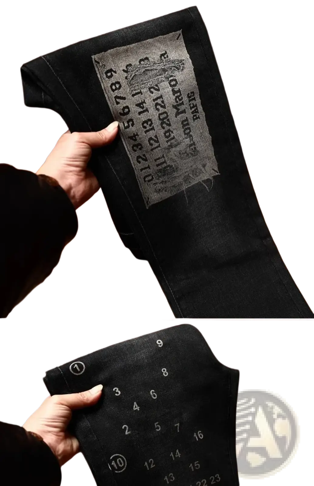 Mens slim fit printed black denim jeans with vintage style patch featuring faded distressed lettering and numbers
