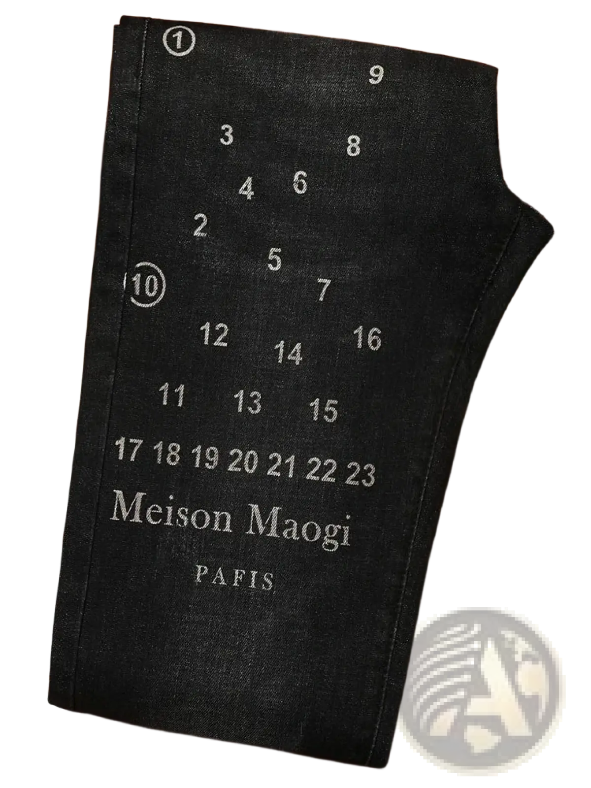 Mens slim fit black denim jeans with white numerical print and meison maogi brand name in simple font