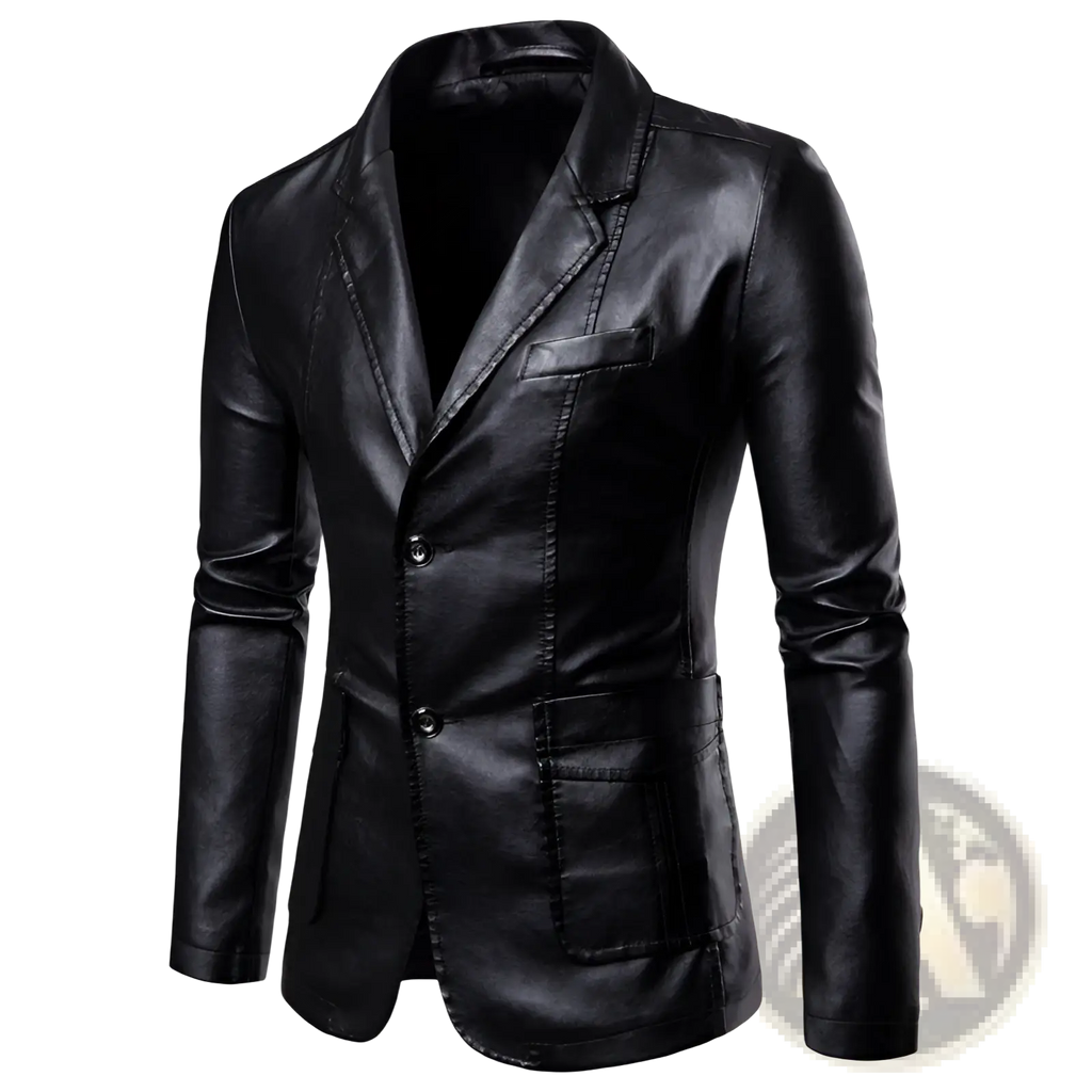 Men’s slim fit black pu leather blazer jacket with sleek modern design and two front buttons