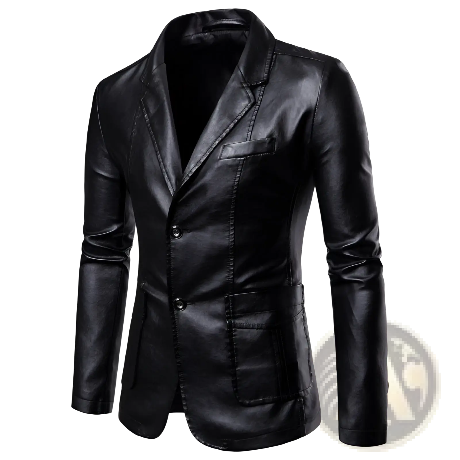 Men’s slim fit black pu leather blazer jacket with sleek modern design and two front buttons