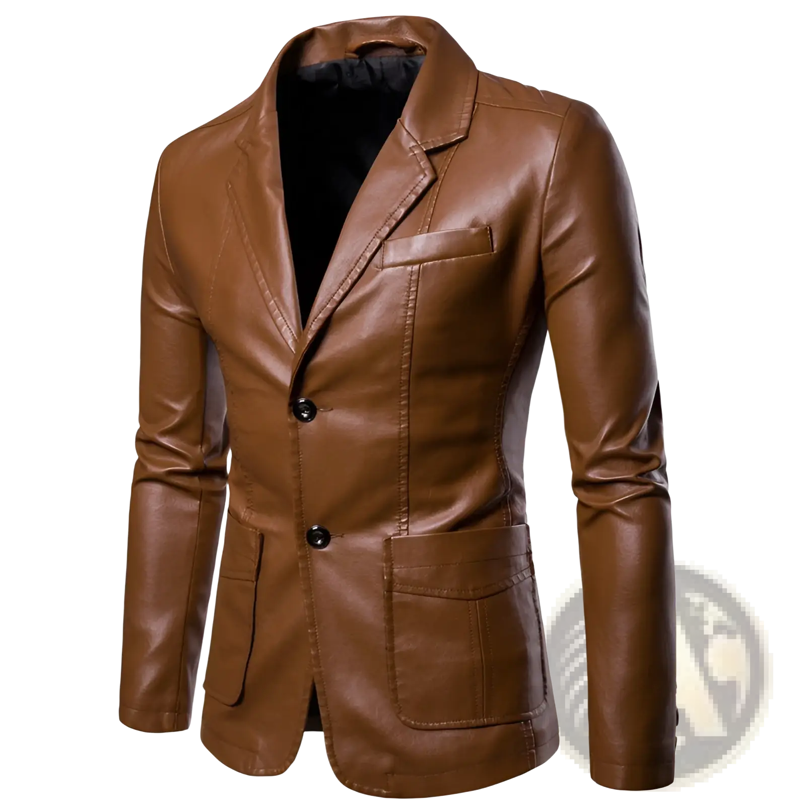 Brown slim fit mens pu leather blazer jacket with black buttons and classic double breasted design front view