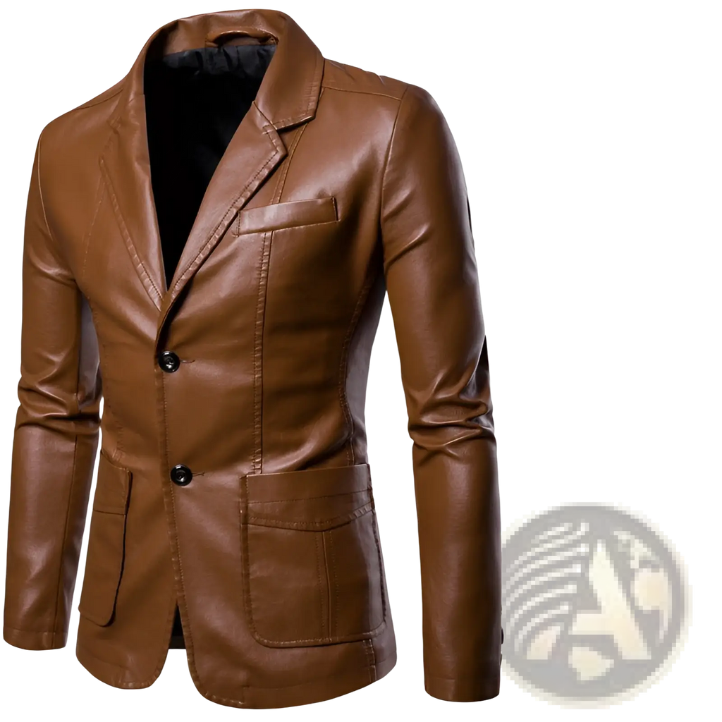 Brown slim fit men’s PU leather blazer jacket with classic double-breasted design and black buttons
