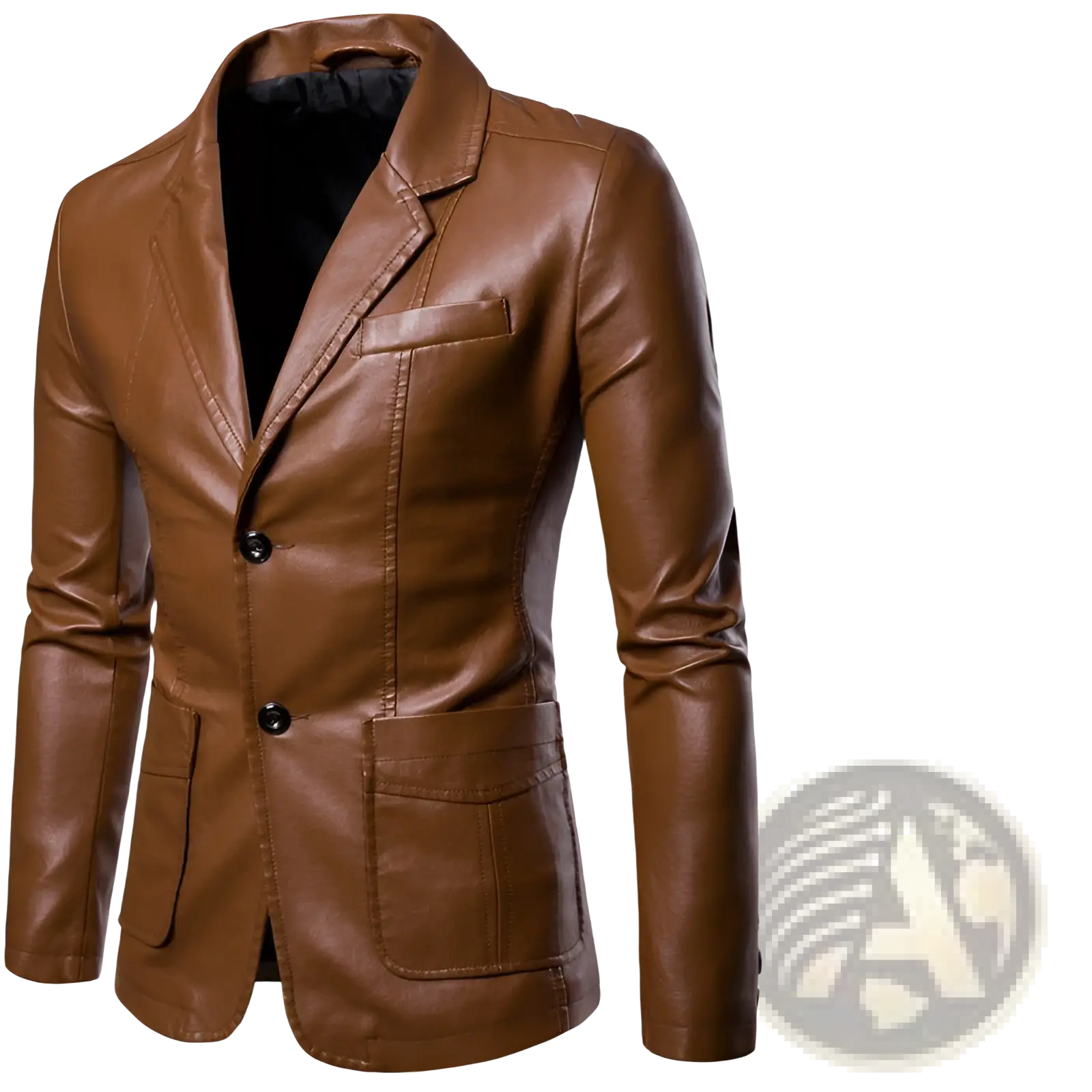 Brown slim fit men’s PU leather blazer jacket with classic double-breasted design and black buttons