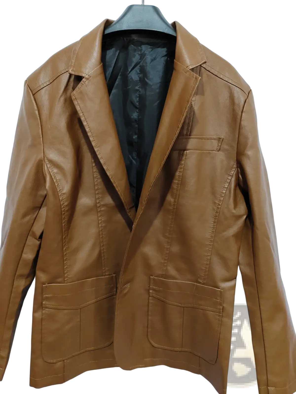 Men’s slim fit tan faux leather blazer jacket with classic double breasted design and two front flap pockets