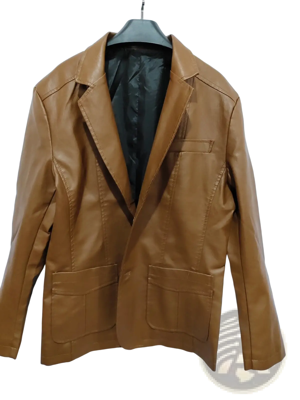 Men’s slim fit tan faux leather blazer jacket with classic double breasted design and two front flap pockets