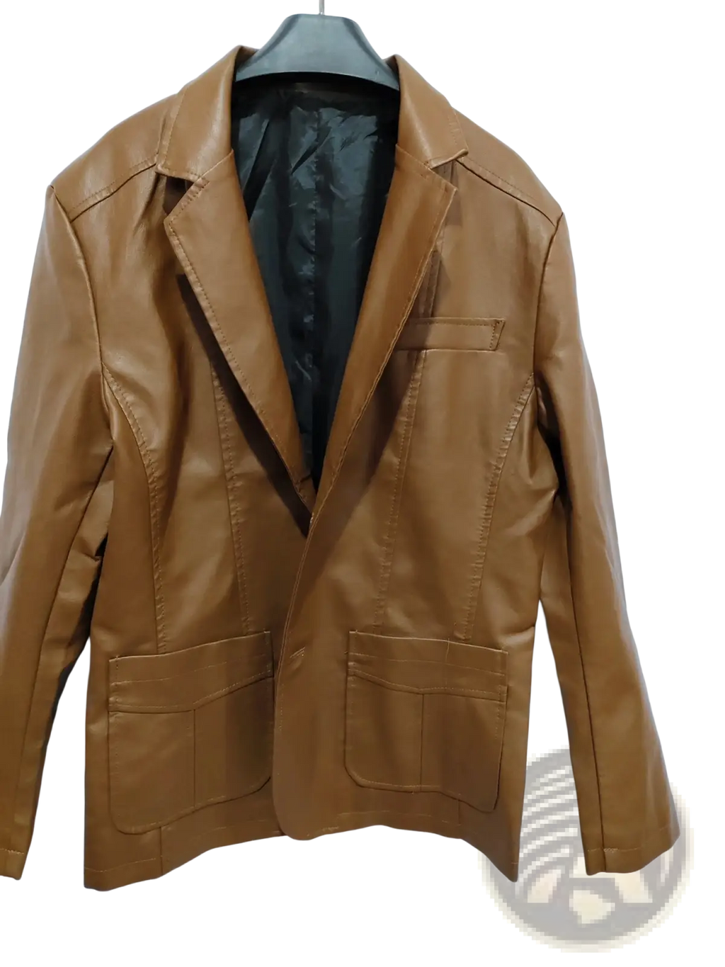 Men’s slim fit tan faux leather blazer jacket with classic double-breasted design and two front pockets