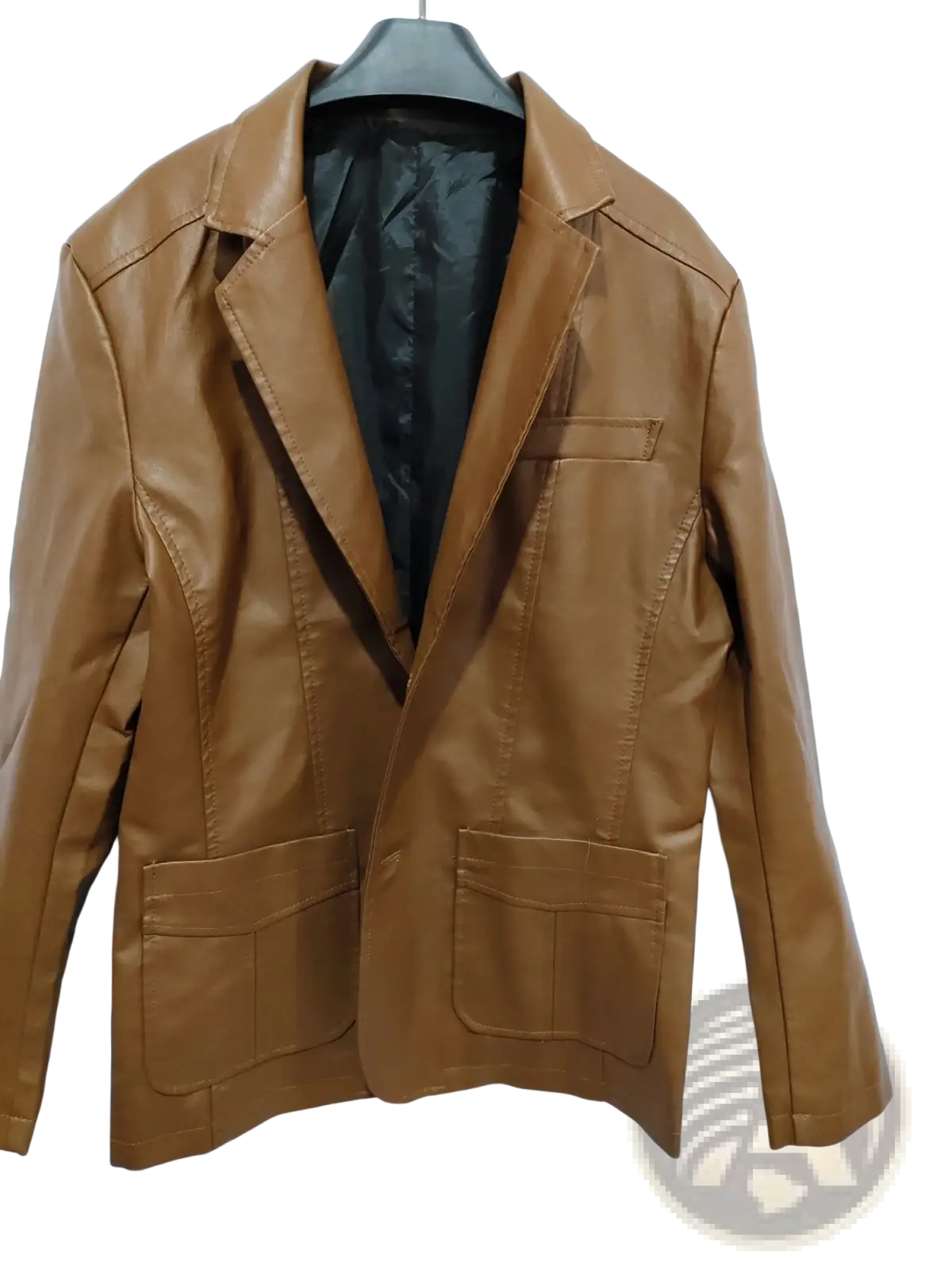 Men’s slim fit tan faux leather blazer jacket with classic double-breasted design and two front pockets