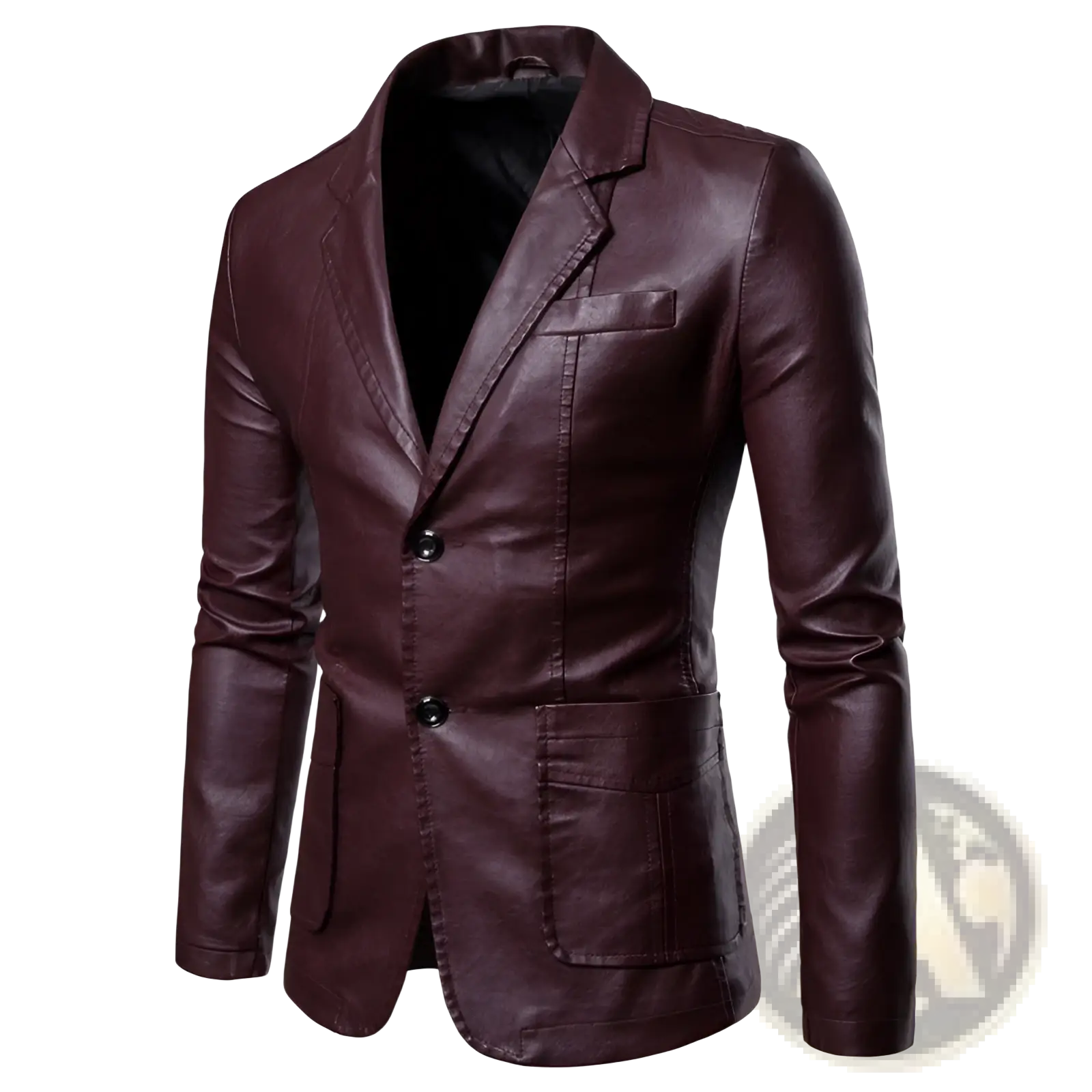 Men’s slim fit pu leather blazer jacket in sleek dark burgundy with classic double-breasted design and black buttons