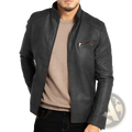 Men’s slim fit black pu leather punk motorcycle jacket with brown zipper accents showcasing front design