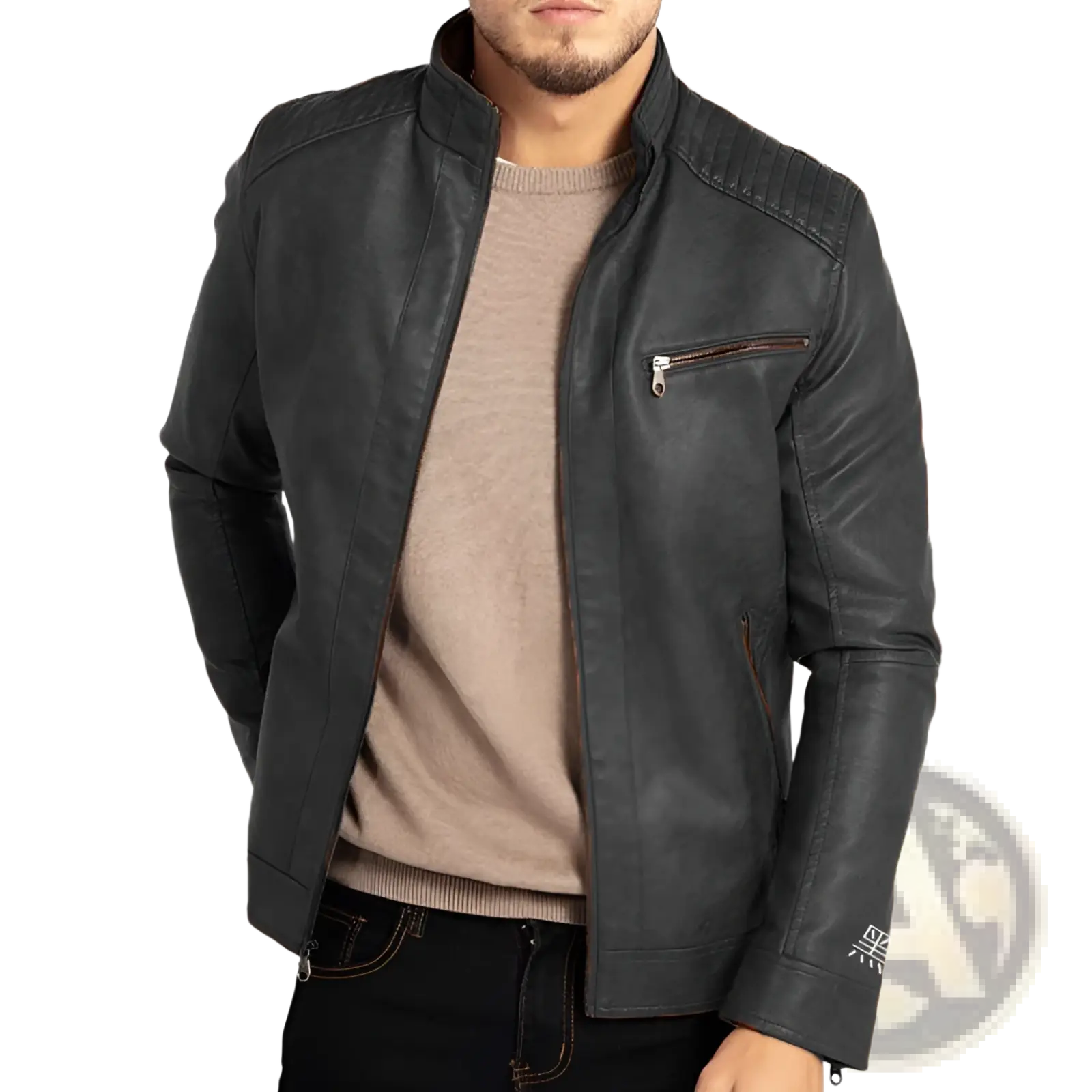 Men’s slim fit black pu leather punk motorcycle jacket with brown zipper accents showcasing front design