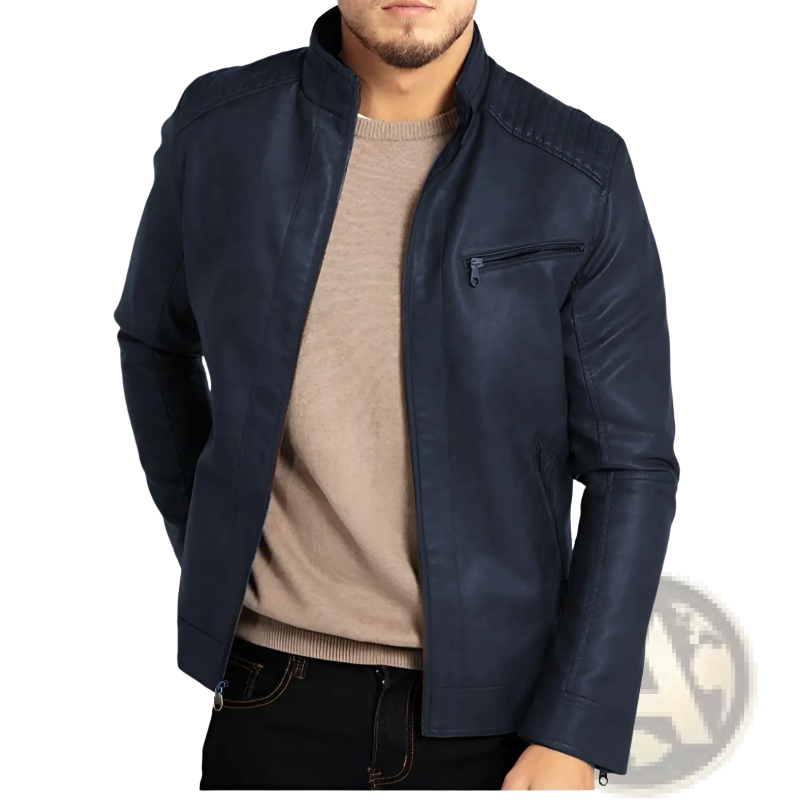Men’s slim fit navy blue pu leather punk motorcycle jacket with zippered chest pocket and stand-up collar