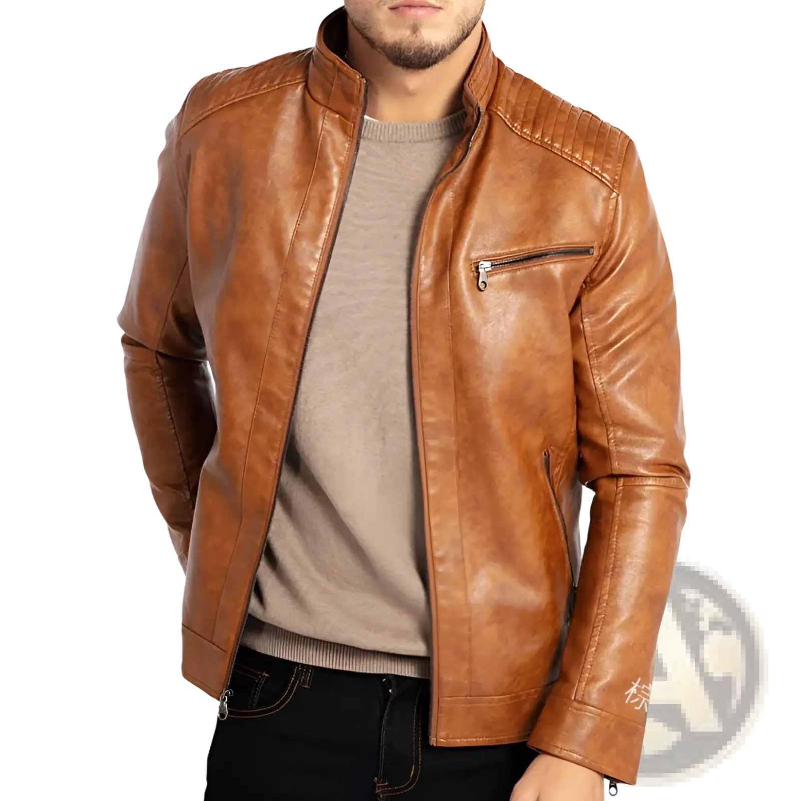 Men’s slim fit tan pu leather motorcycle jacket with stand-up collar zippered chest pocket and ribbed shoulder panels