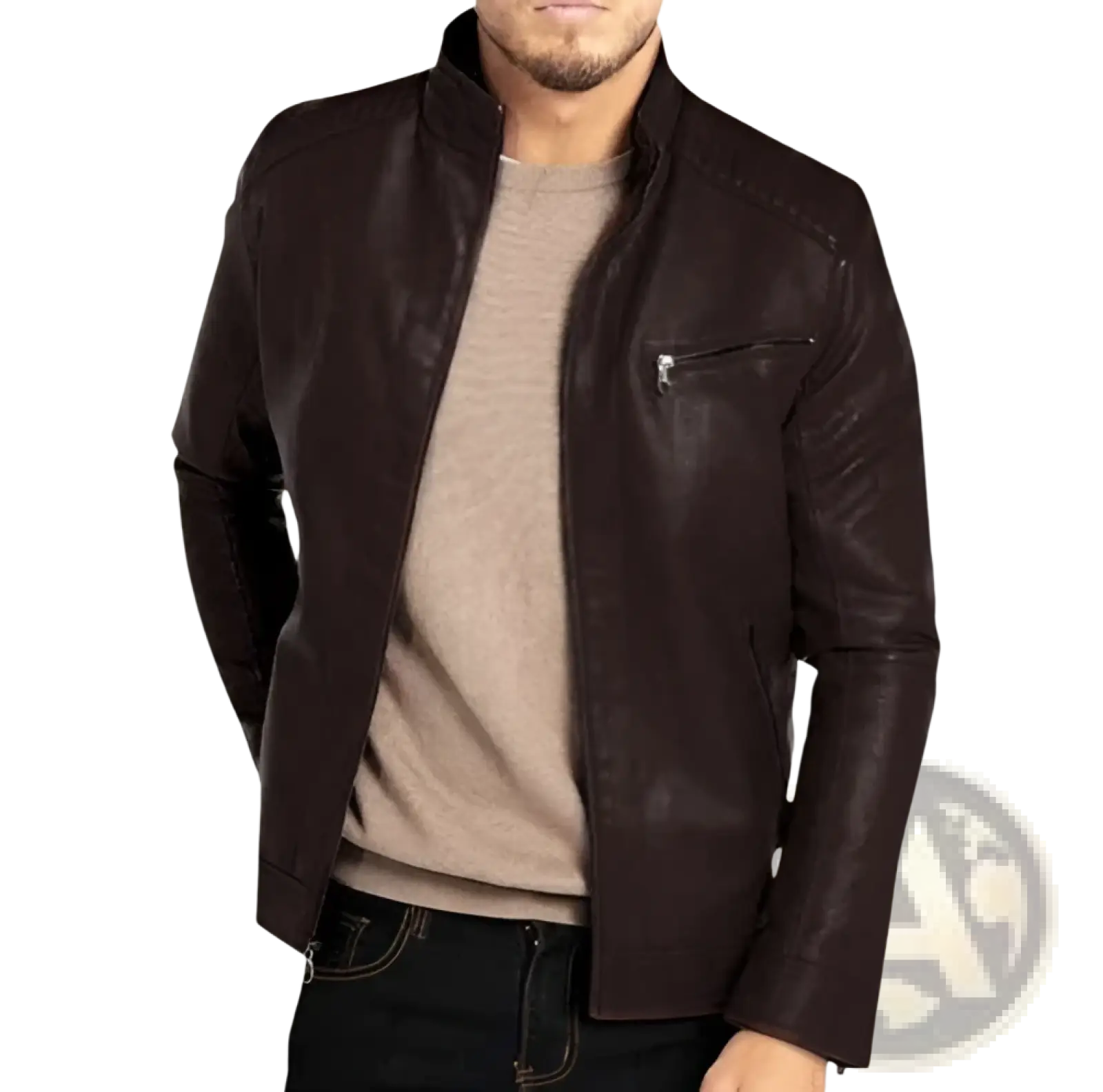 Men’s slim fit dark brown pu leather bomber jacket with stand-up collar and zippered chest pocket for motorcycle use