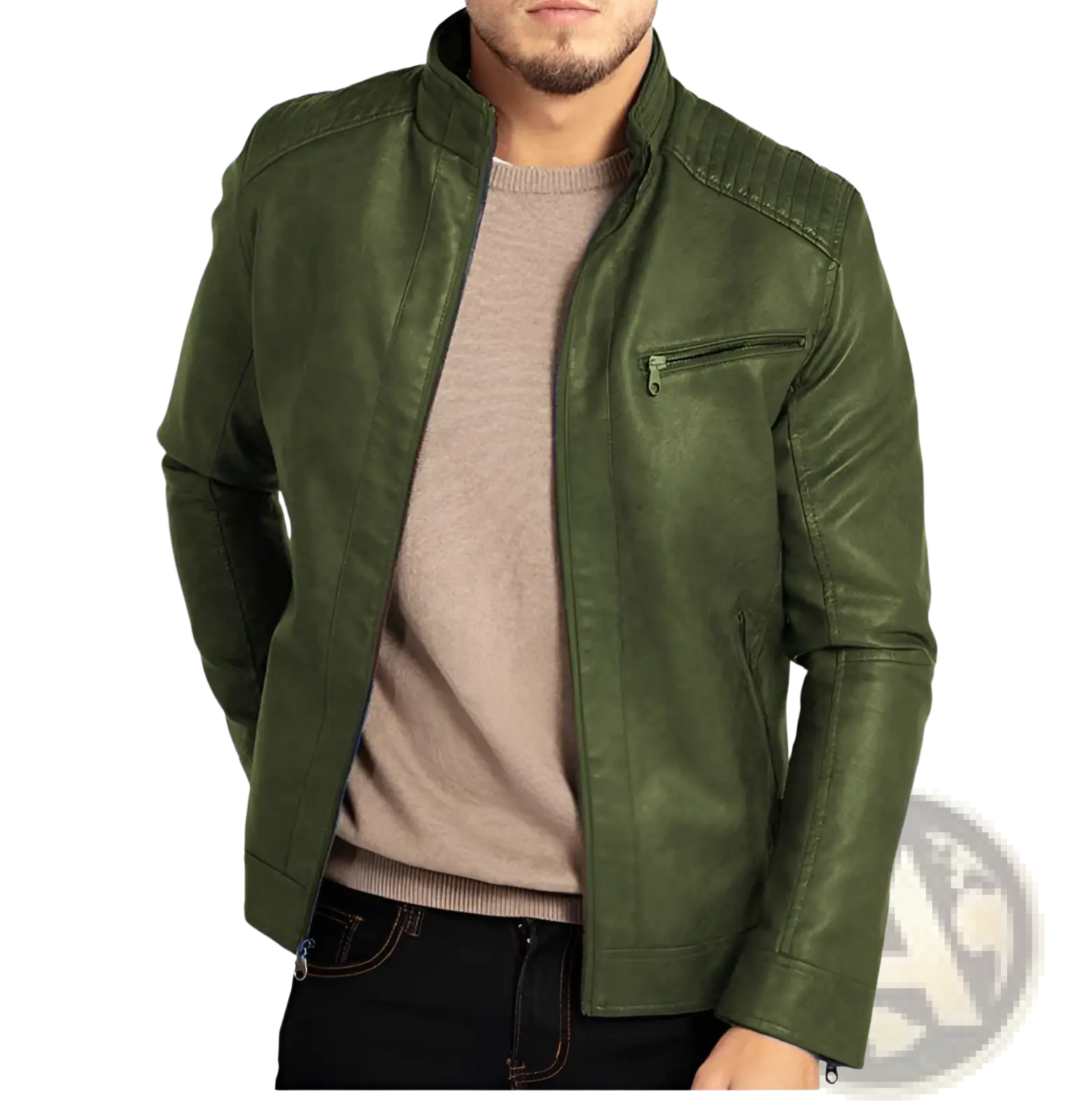 Men’s slim fit olive green pu leather punk motorcycle jacket with quilted shoulder panels and front zipper closure