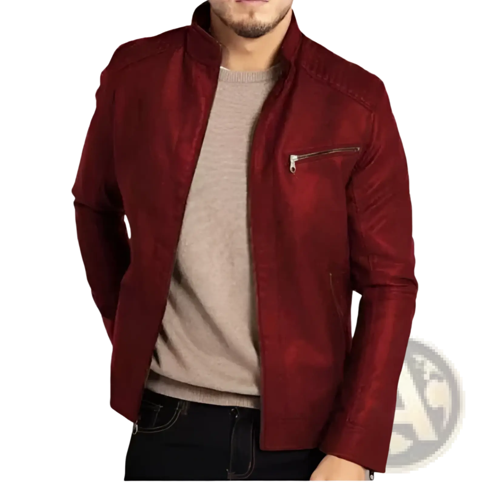 Men’s slim fit burgundy pu leather punk motorcycle jacket with stand-up collar and chest zipper pocket