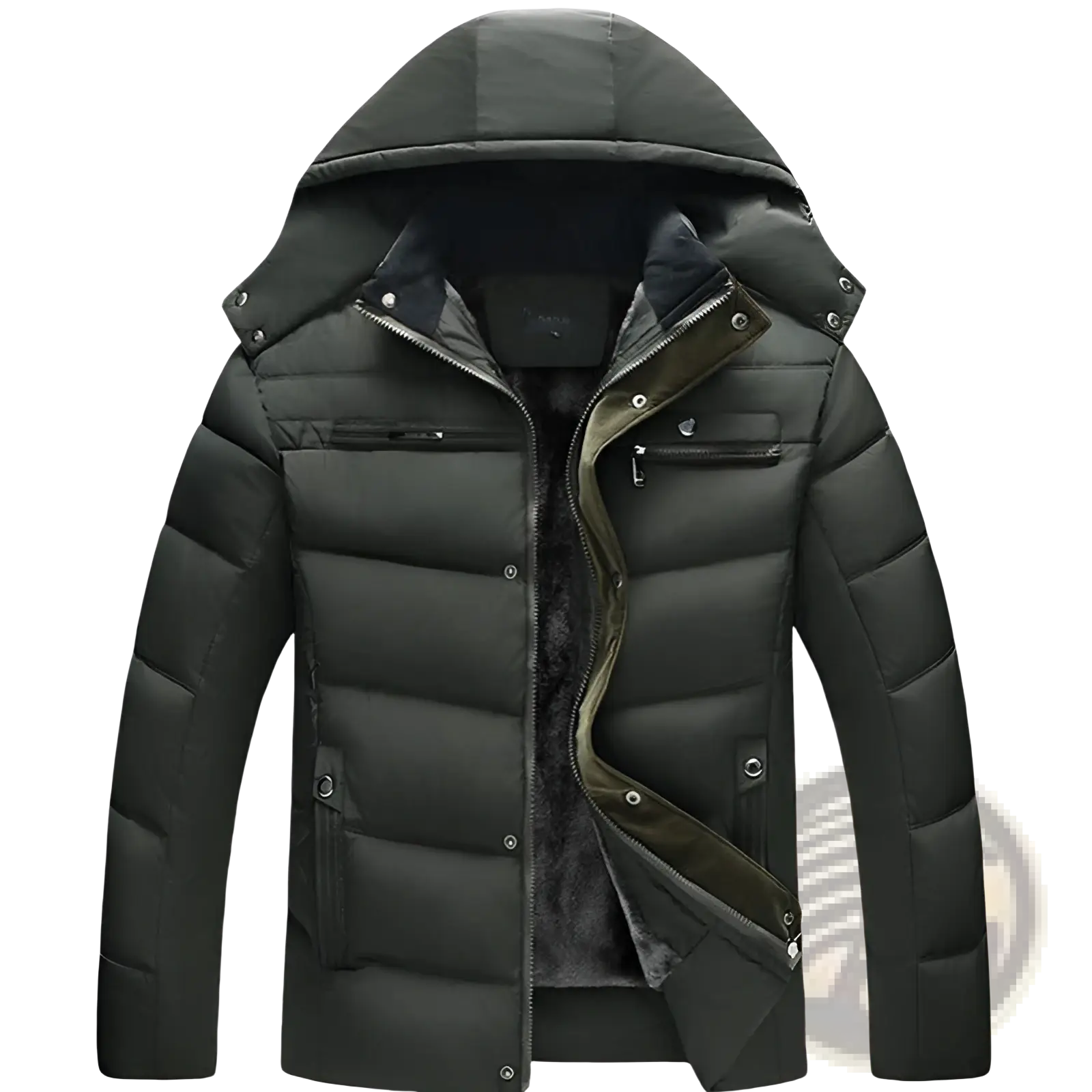 Men’s slim fit black quilted winter jacket with olive green fleece lining hood and faux fur trim for cold weather