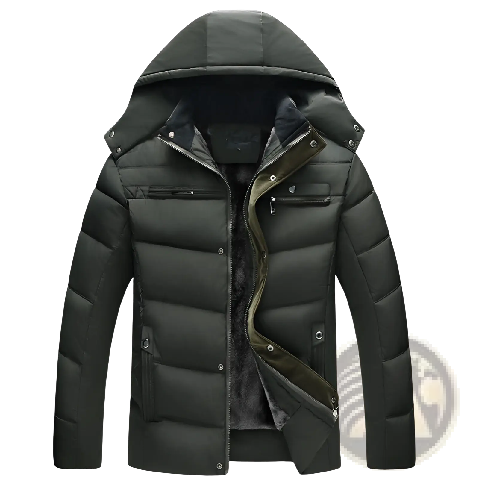 Men’s slim fit dark green quilted winter jacket with plush fleece lining and olive green zipper accents