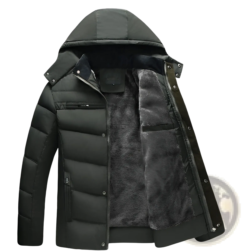 Men’s slim fit black quilted winter jacket with hood and plush gray fleece lining for cold weather use