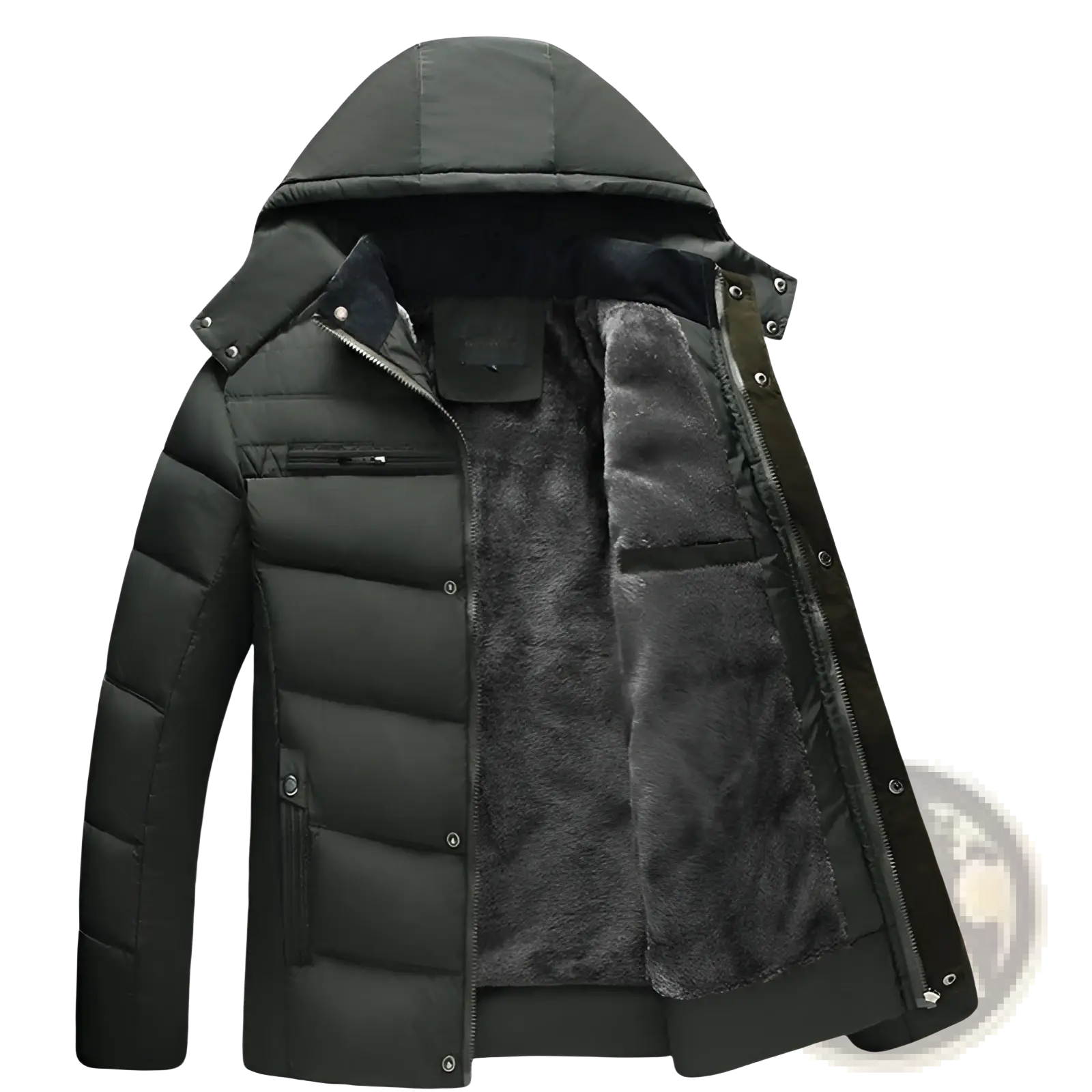Men’s slim fit black quilted winter jacket with hood and plush gray fleece lining for cold weather use