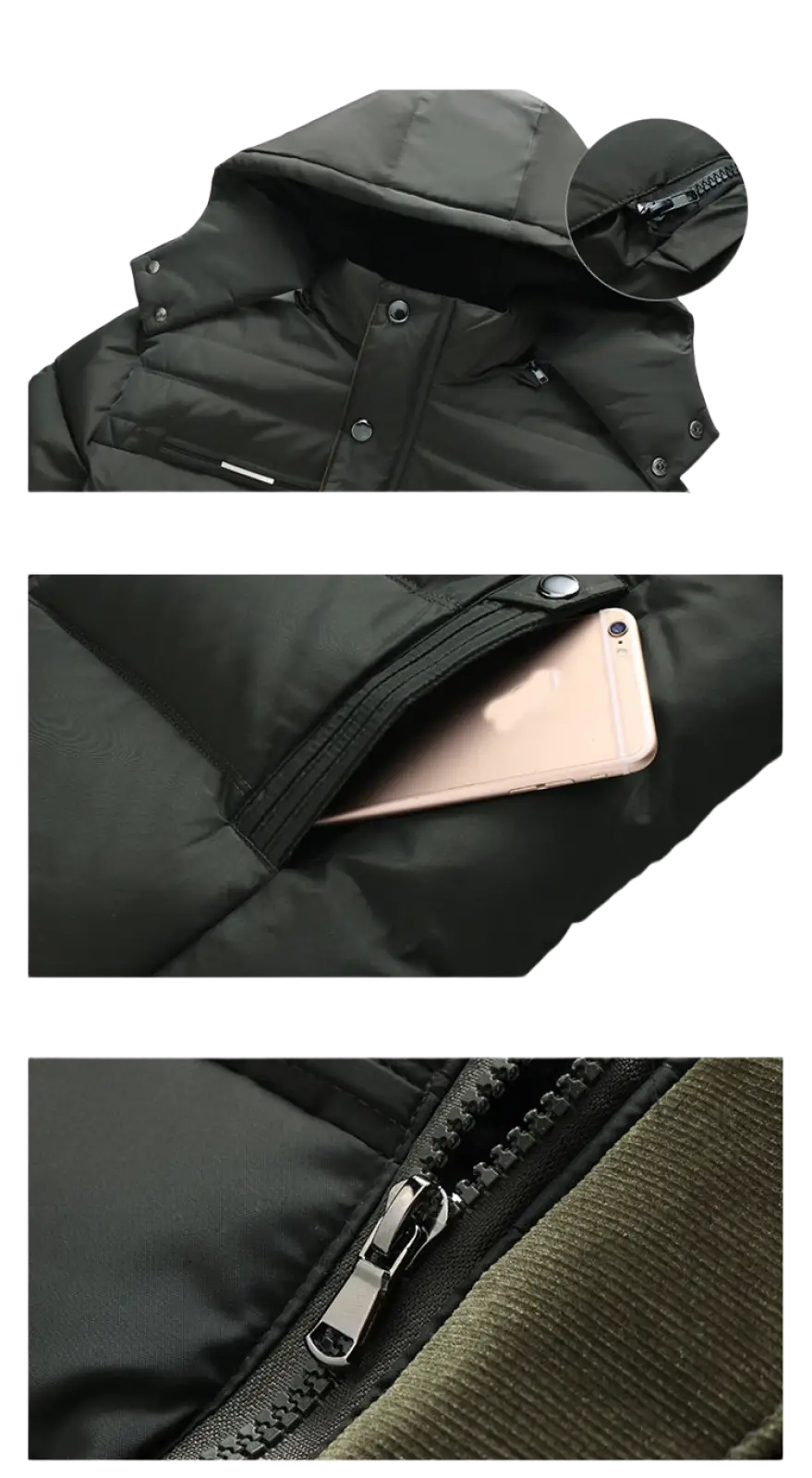 Men’s slim fit black puffer jacket with hood, silver zippers, button closures, and fleece lining for winter warmth
