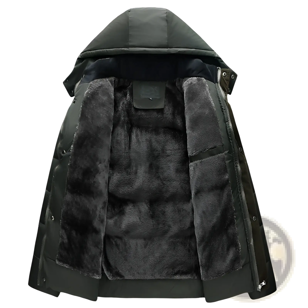 Men’s slim fit dark green quilted winter jacket with plush black faux fur hood lining and fleece interior