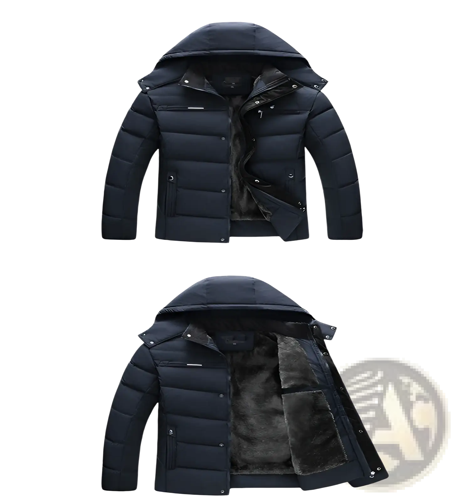 Men’s slim fit black quilted winter jacket with hood and plush dark gray fleece lining for cold weather