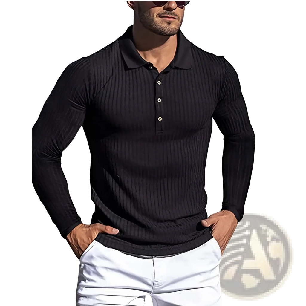 Men’s slim fit ribbed knit long sleeve polo shirt in black with white buttons showcasing front view details