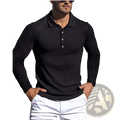 Men’s slim fit ribbed knit long sleeve polo shirt in black with white buttons showcasing front view details