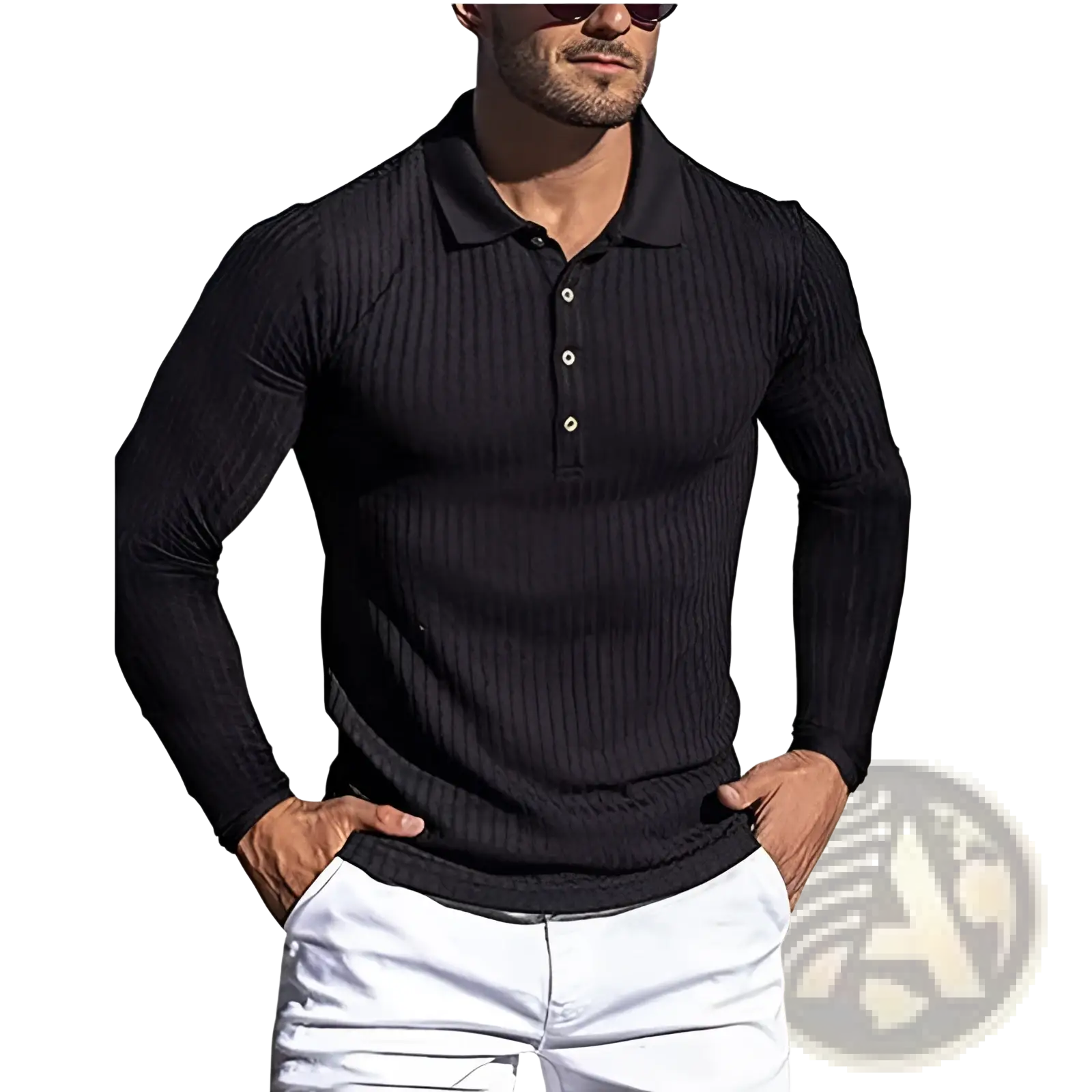 Men’s slim fit ribbed knit long sleeve polo shirt in black with white buttons showcasing front view details