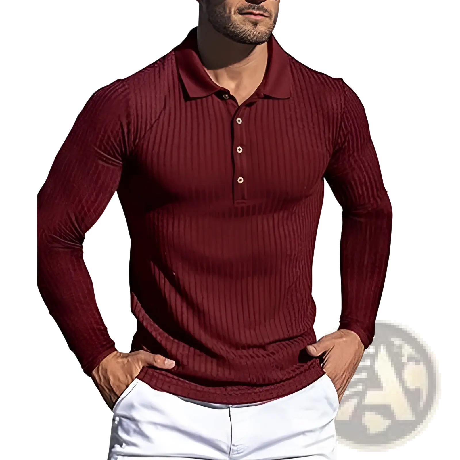 Men’s slim fit maroon ribbed knit long sleeve polo shirt with collar and button placket for a stylish look