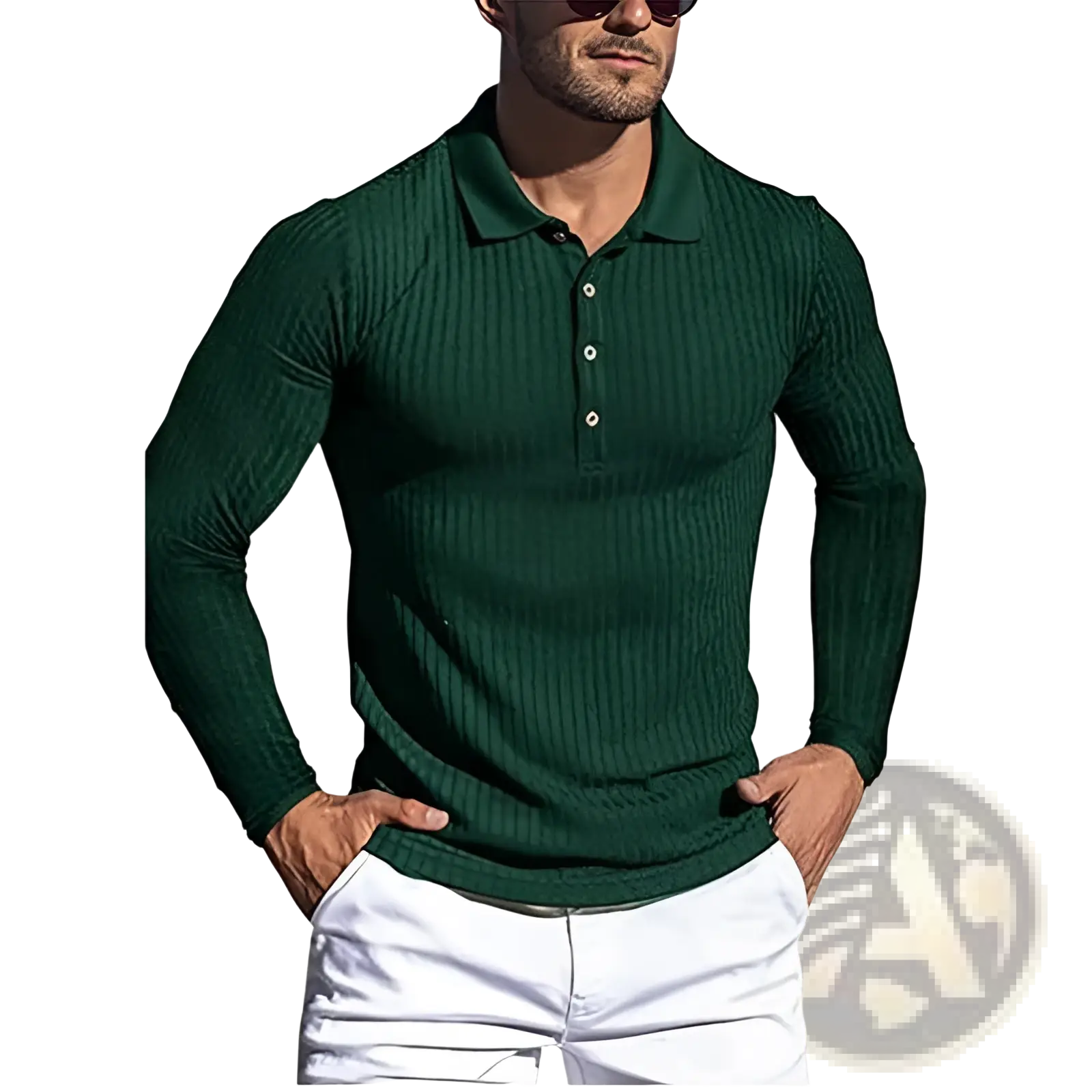 Men’s slim fit dark green ribbed knit long sleeve polo shirt with white buttons made of soft knit fabric