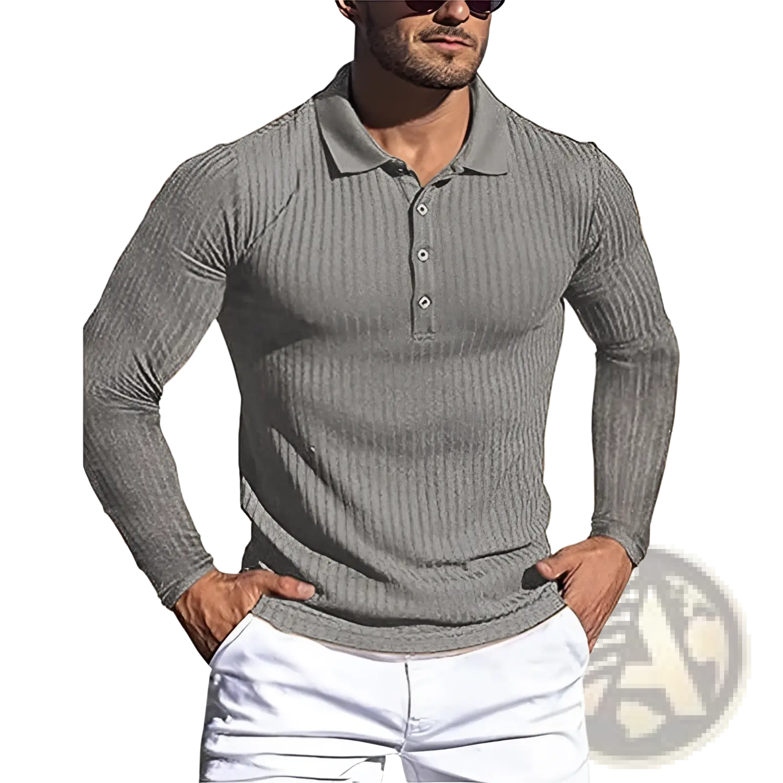Men’s slim fit ribbed knit long sleeve gray polo shirt with classic collar and button placket