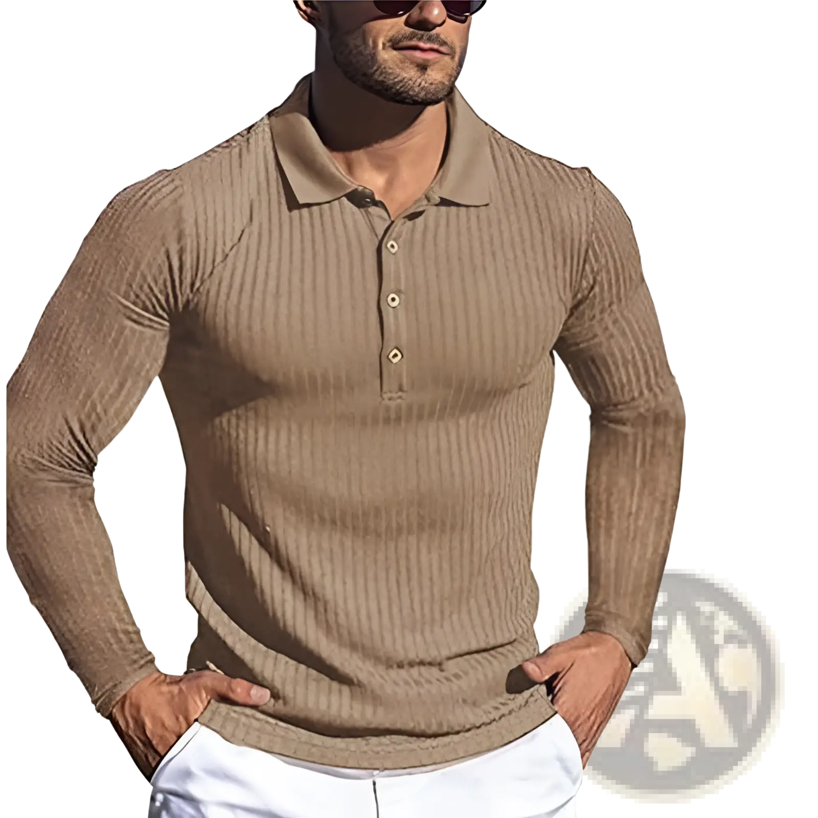 Beige slim fit ribbed knit long sleeve polo shirt with classic collar and button placket for men