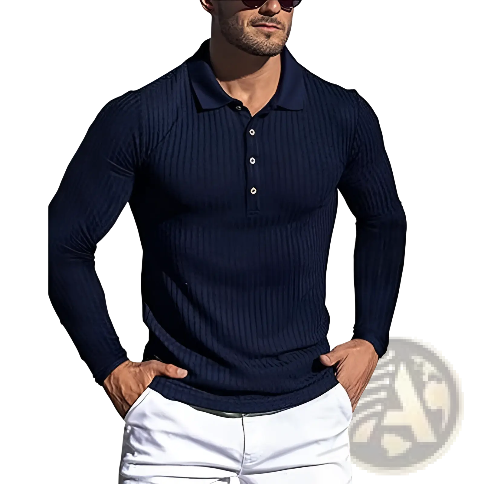 Men’s navy blue slim fit ribbed knit long sleeve polo shirt with classic collar and button placket