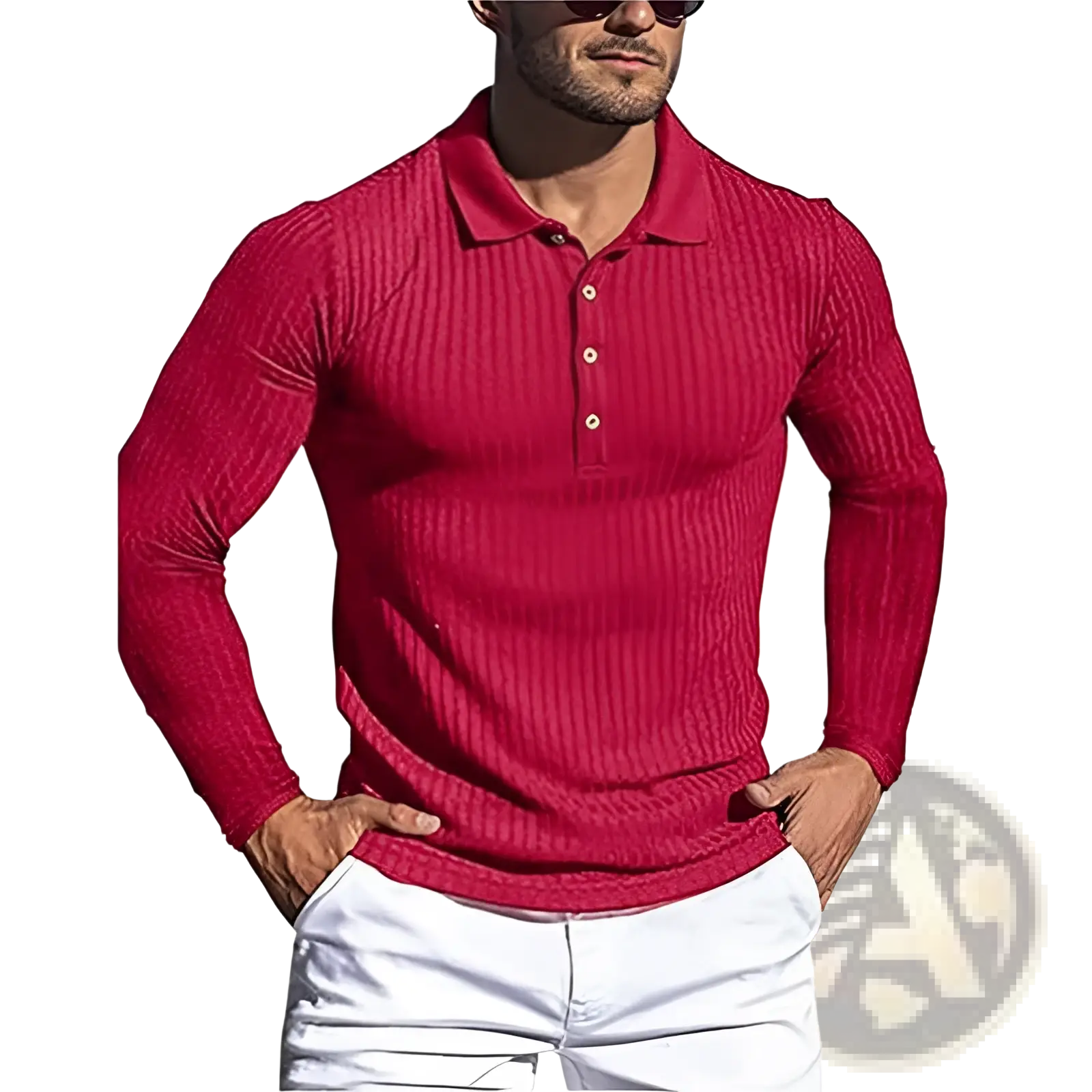 Men’s slim fit ribbed knit long sleeve polo shirt in vibrant red with classic collar and white buttons