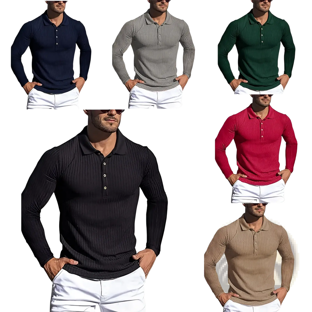 Men’s slim fit ribbed knit long sleeve polo shirts in navy gray green black red and beige colors