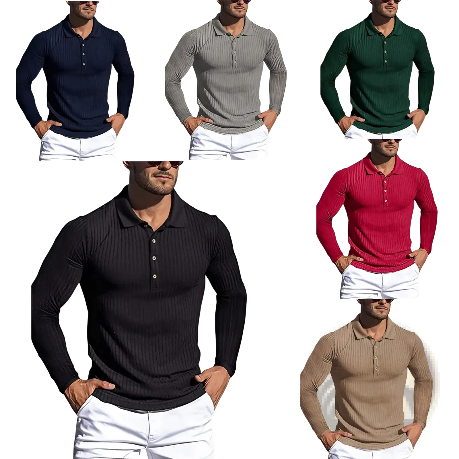 Men’s slim fit ribbed knit long sleeve polo shirts in navy gray green black red and beige colors
