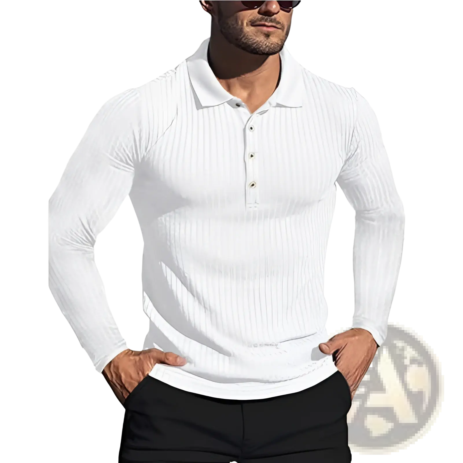 Men’s slim fit white long-sleeved ribbed knit polo shirt with vertical texture and three-button placket