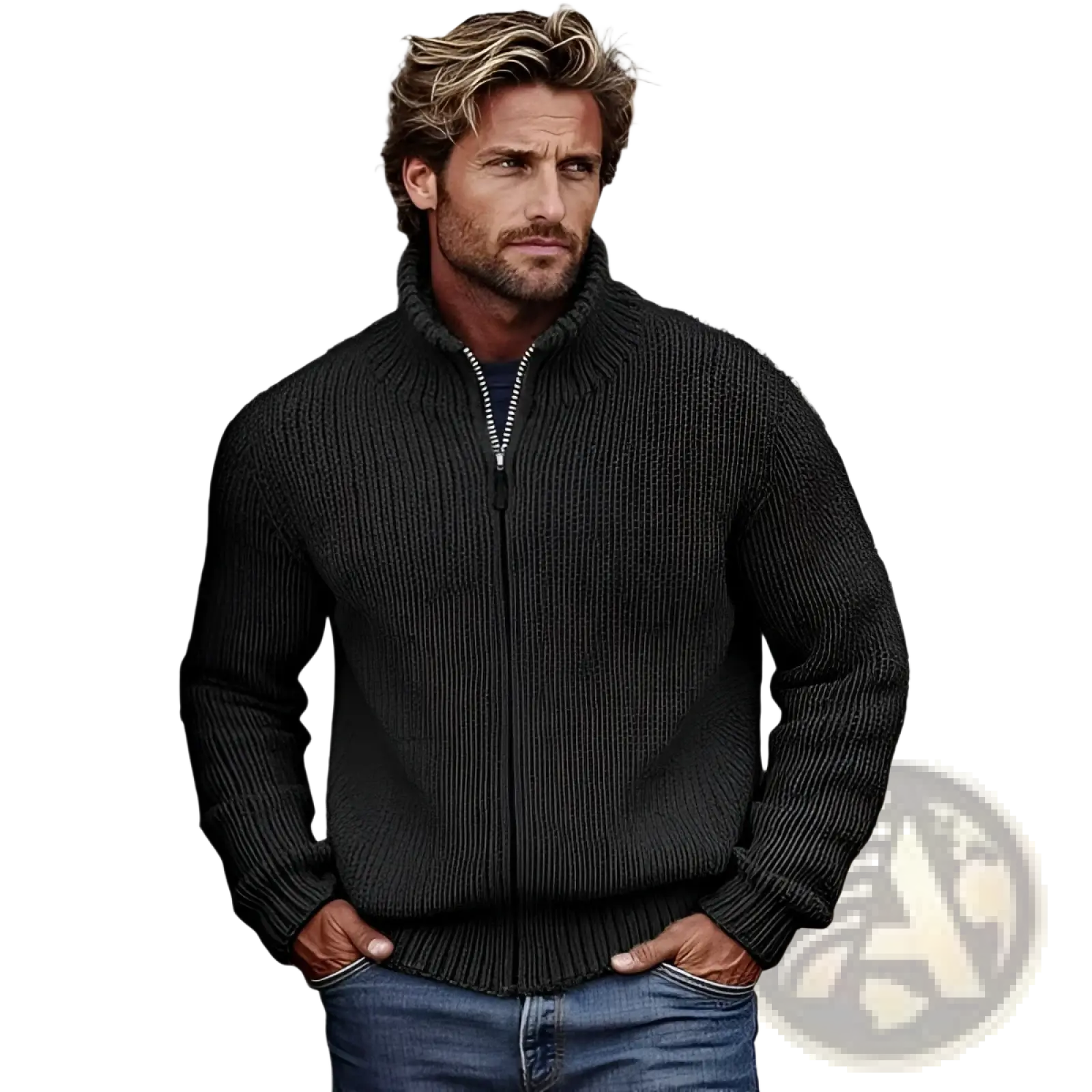 Men’s slim fit dark gray ribbed knit zip-up sweater jacket with high collar and full-length zipper