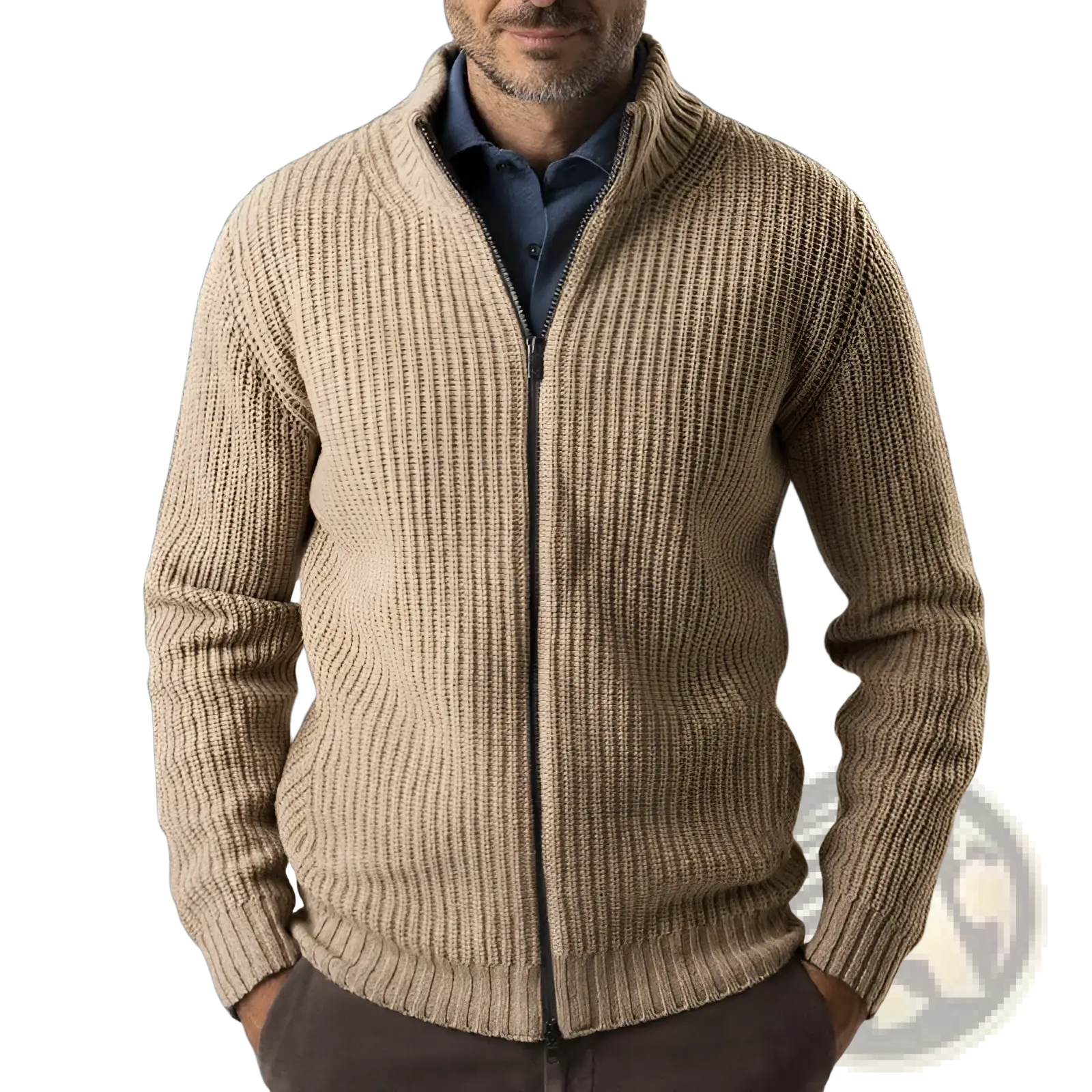 Men’s slim fit ribbed knit zip up sweater jacket in beige with high collar and dark zipper made of ribbed knit fabric